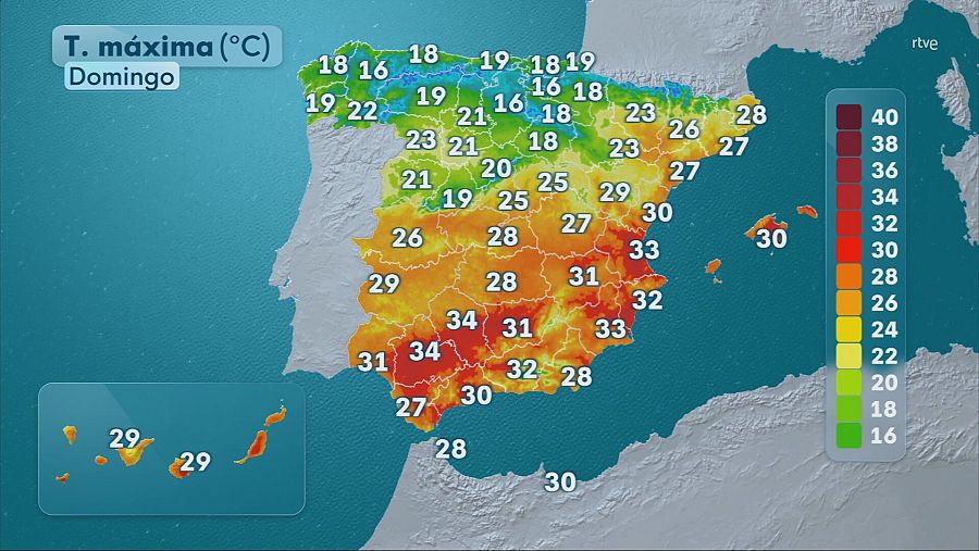 Mapa con la previsión de las temperaturas máximas en la península y las islas para el domingo 21 de septiembre.