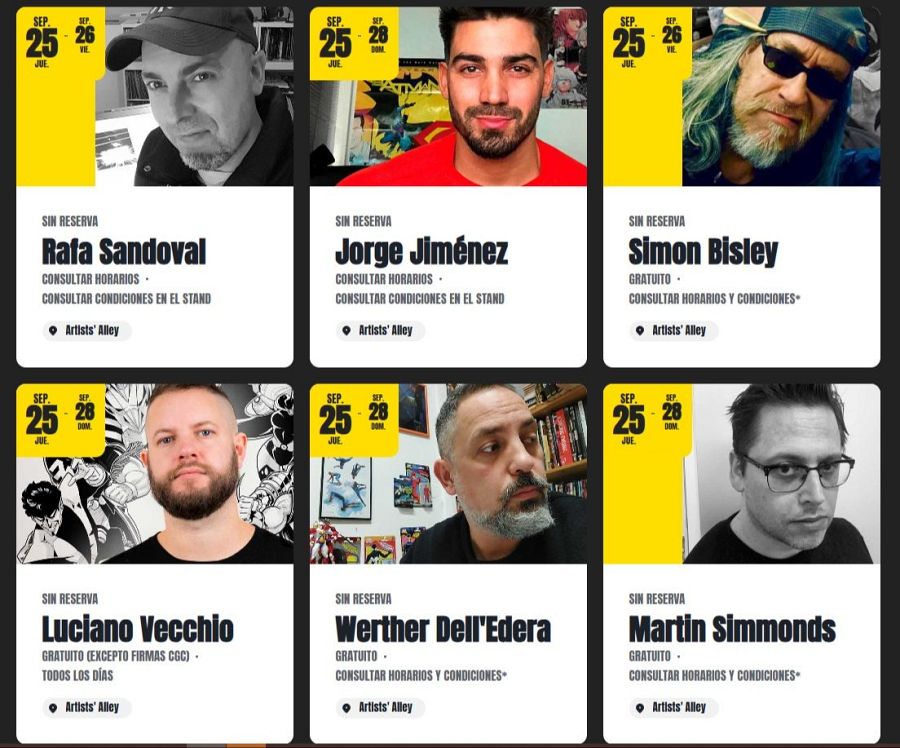 Retratos de seis artistas en la San Diego Comic-Con Málaga (25-28 septiembre), con sus nombres e información sobre reservas y horarios en Artists' Alley.