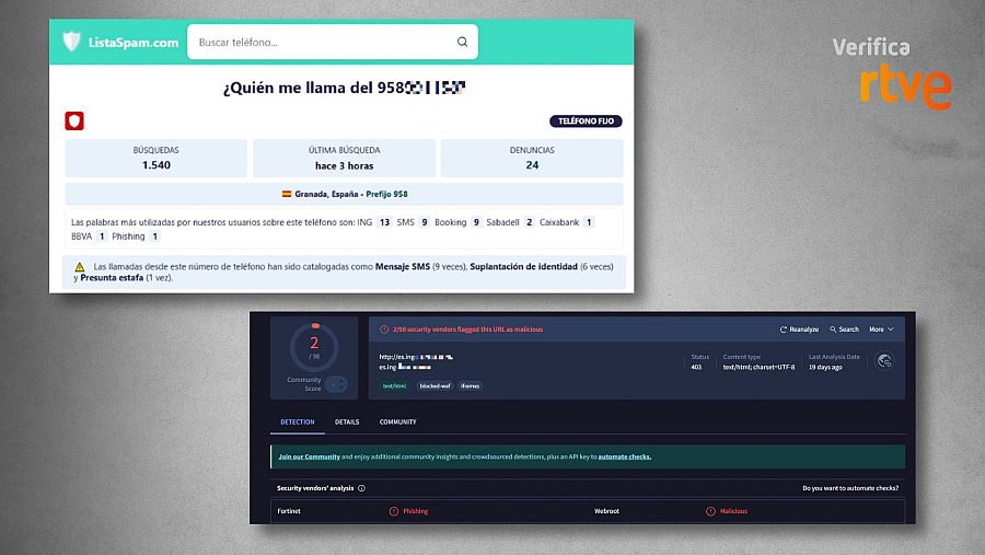 Análisis de ListaSpam sobre este número de teléfono y de VirusTotal sobre el enlace catalogado como “phishing”