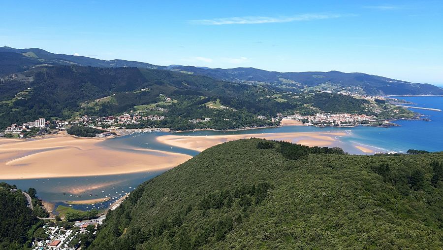 Vista aérea de la Reserva de Urdaibai con la ría, playas de arena dorada y el pueblo de Mundaka rodeado de montañas verdes.