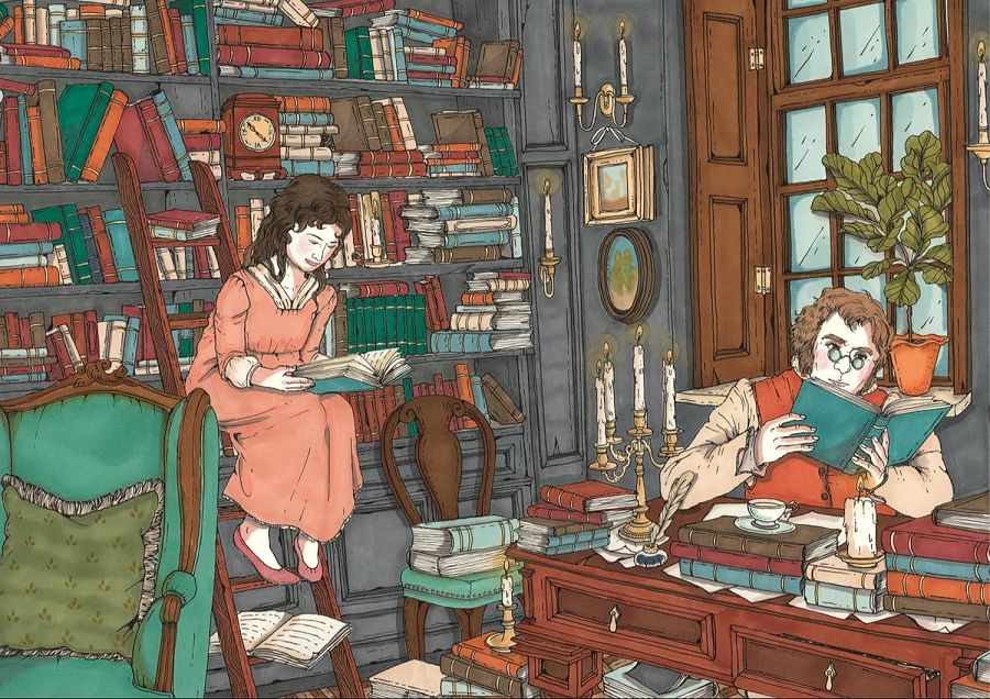 Escena de interior con dos personas leyendo: una mujer joven con vestido rosa en una escalera entre libros, y un hombre con chaleco rojo en un escritorio.  Ambiente de biblioteca o estudio, con abundantes libros y luz de velas.