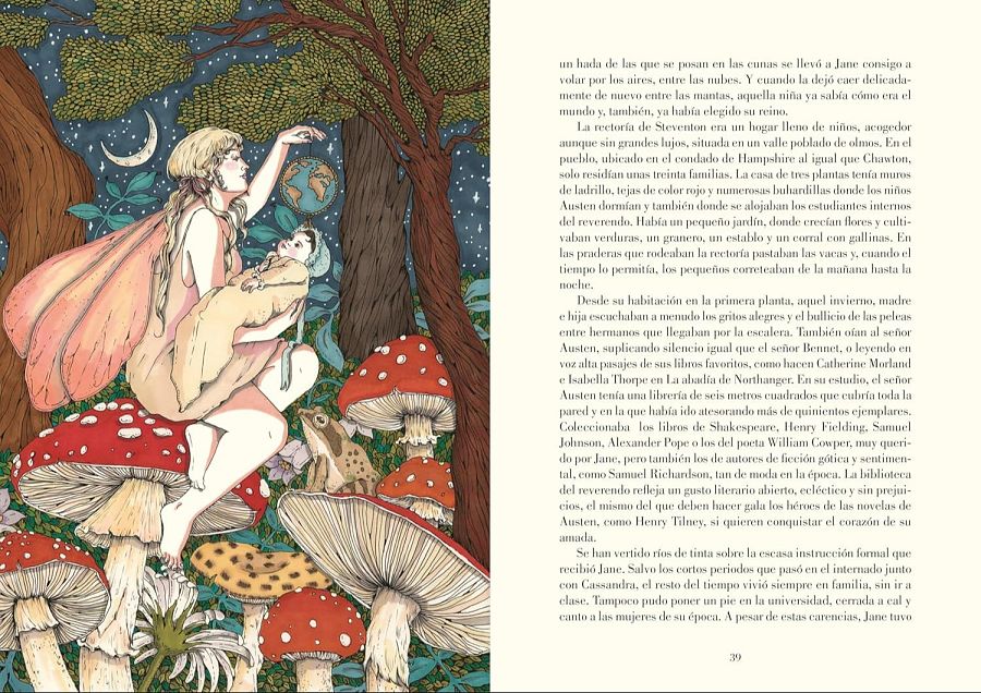 Ilustración de hada y bebé en bosque, junto a texto que detalla la infancia en una casa con jardín, establo y extensa biblioteca. Página numerada como 39.