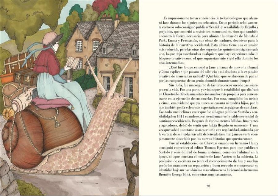 Ilustración y texto sobre Jane Austen: la primera muestra a la autora sobre un caracol gigante con maletas; el segundo resume sus obras publicadas entre 1811 y 1817, incluyendo su lucha creativa.