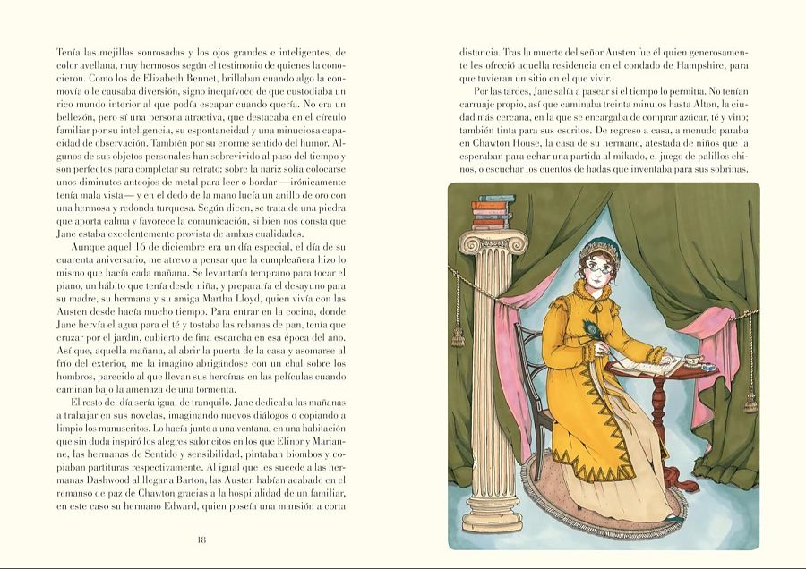 Ilustración y texto biográfico de Jane Austen: describe su apariencia, personalidad, rutina (piano, desayuno, escritura) y entorno doméstico, incluyendo detalles de sus objetos personales.