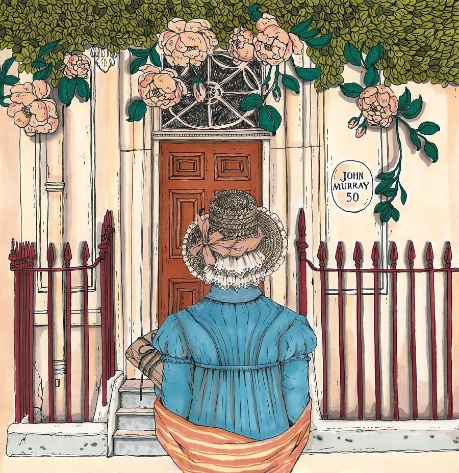 Mujer con vestido azul y sombrero, sosteniendo un paquete, frente a una puerta con letrero 