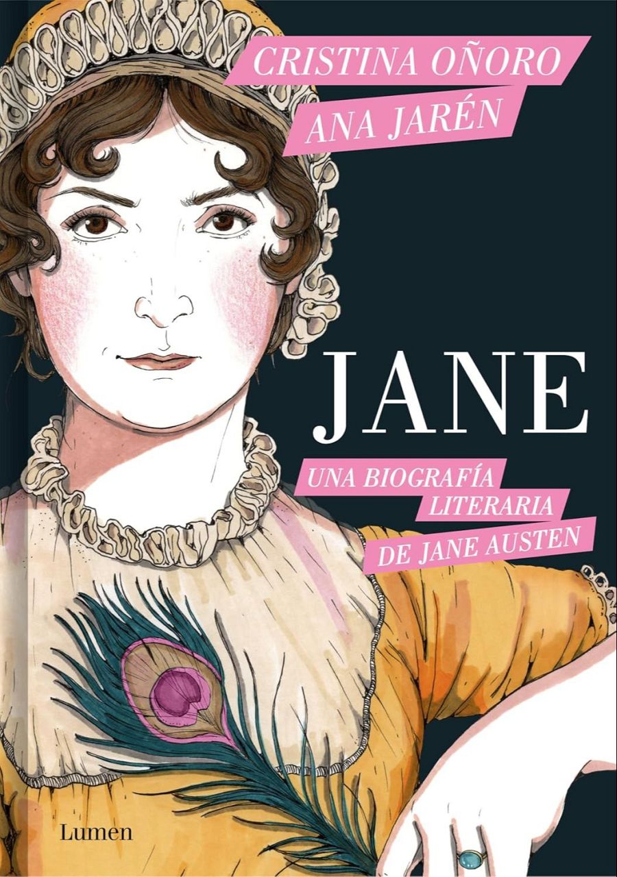 Portada de cómic: retrato de Jane Austen con pluma de pavo real; título 