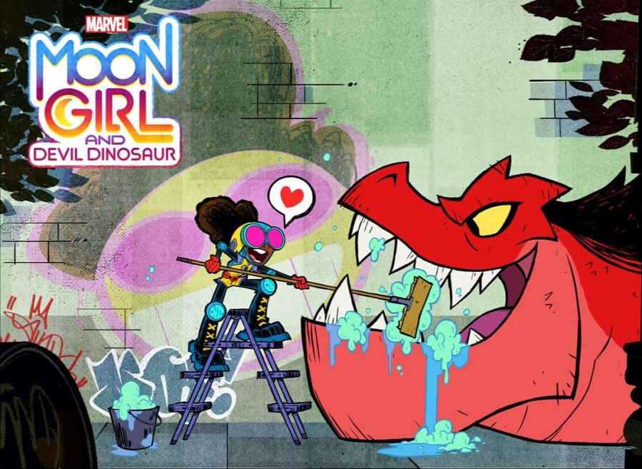 Moon Girl, con gafas rosas y traje amarillo, limpia los dientes de Devil Dinosaur, un gran dinosaurio rojo, con una fregona.  Escena divertida con fondo de grafitis.