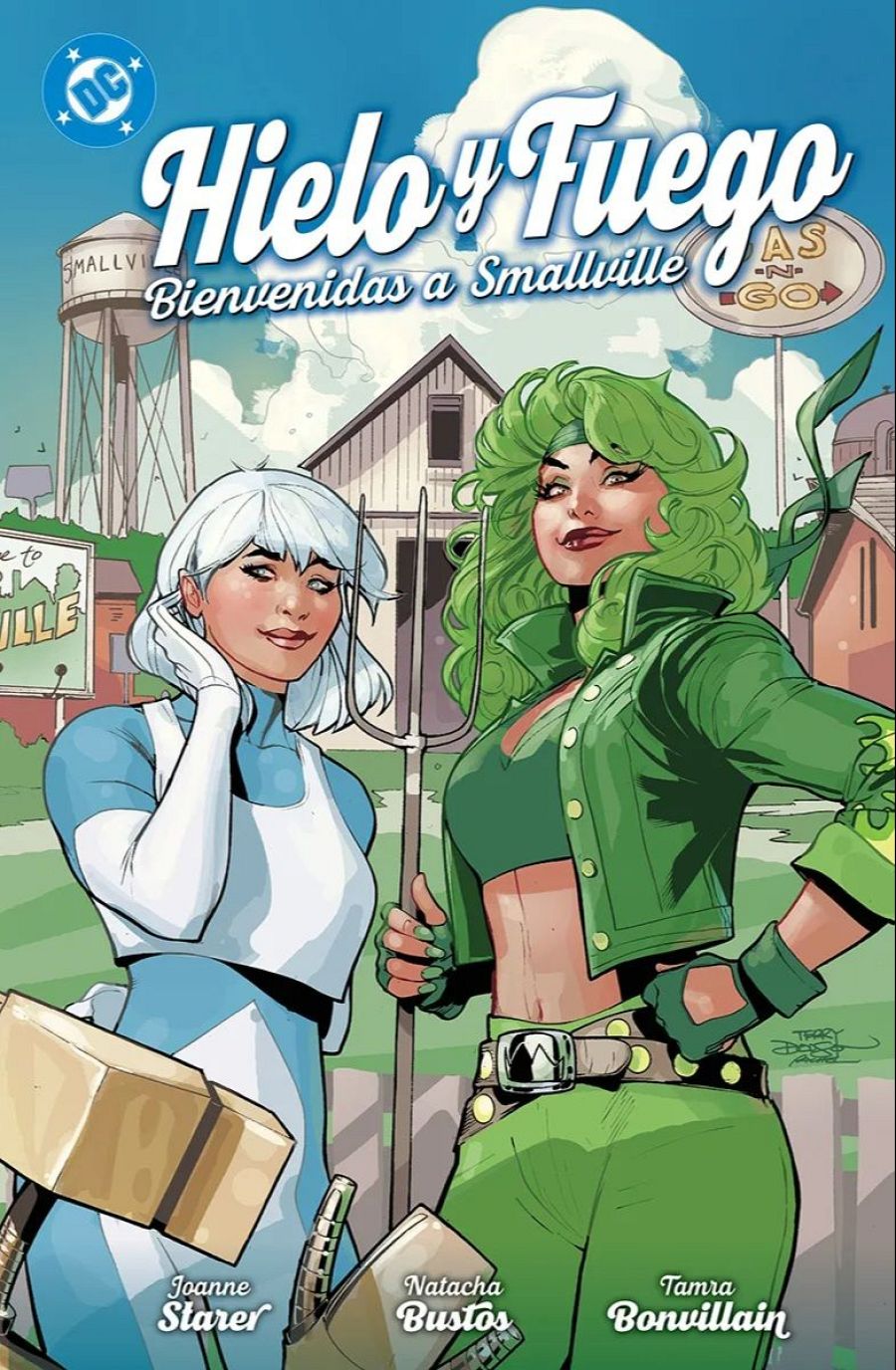 Portada de cómic con dos mujeres, una con martillo y otra con horca, en un paisaje rural. Ilustración de Natacha Bustos.