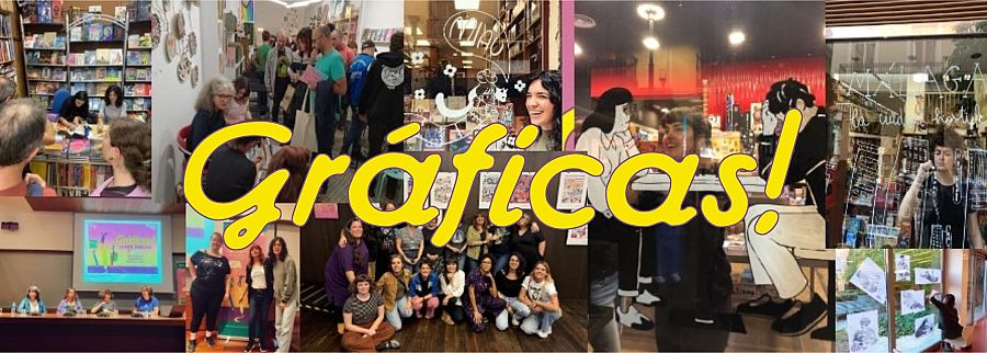 Imágenes de firmas de libros, presentaciones y encuentros con autoras, en un collage promocional del cómic 
