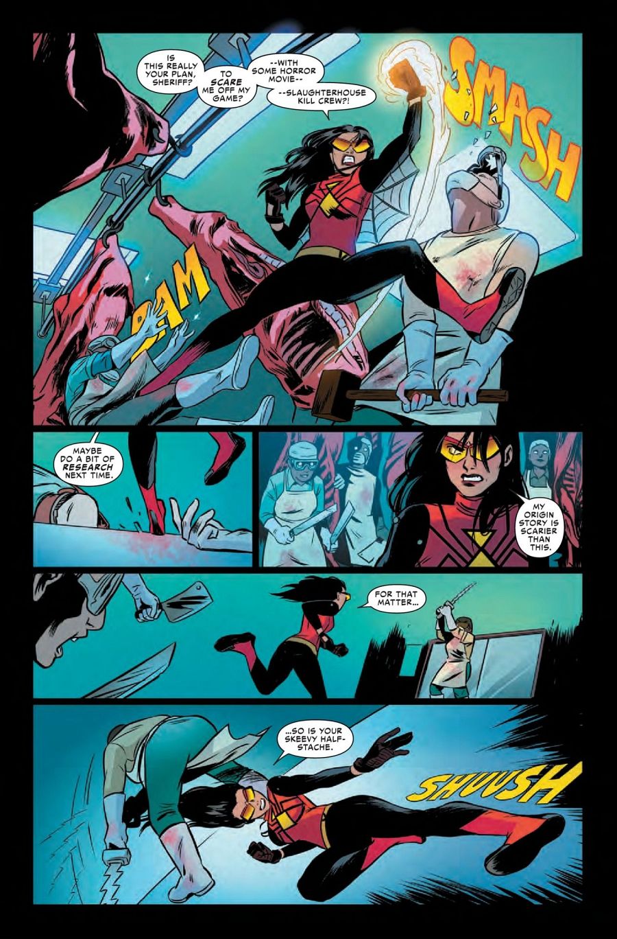 Spiderwoman combate a un villano enmascarado en un hospital;  viñetas con diálogos como  