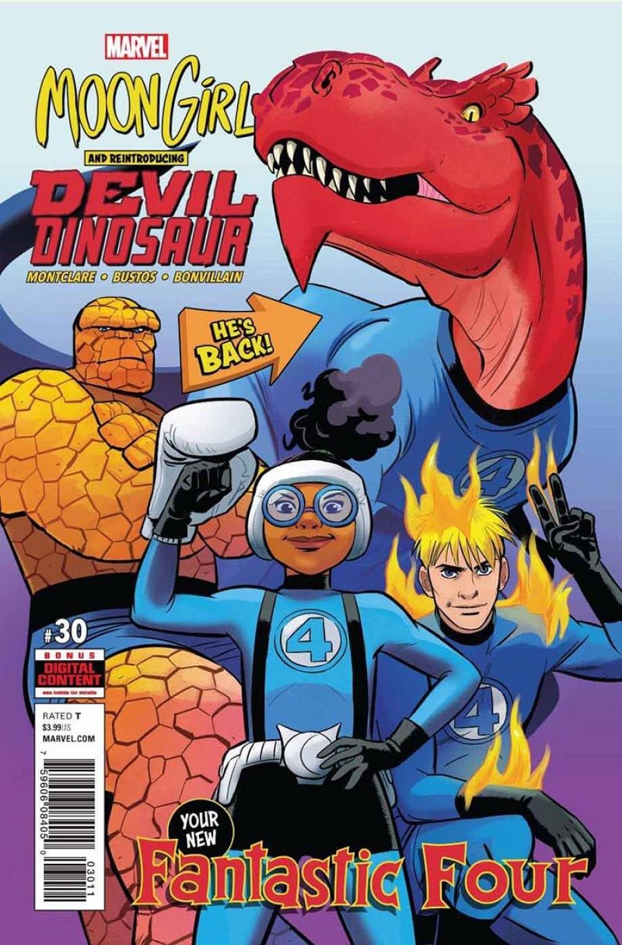Portada de cómic con dinosaurio rojo, tres personajes en uniforme azul y la frase 