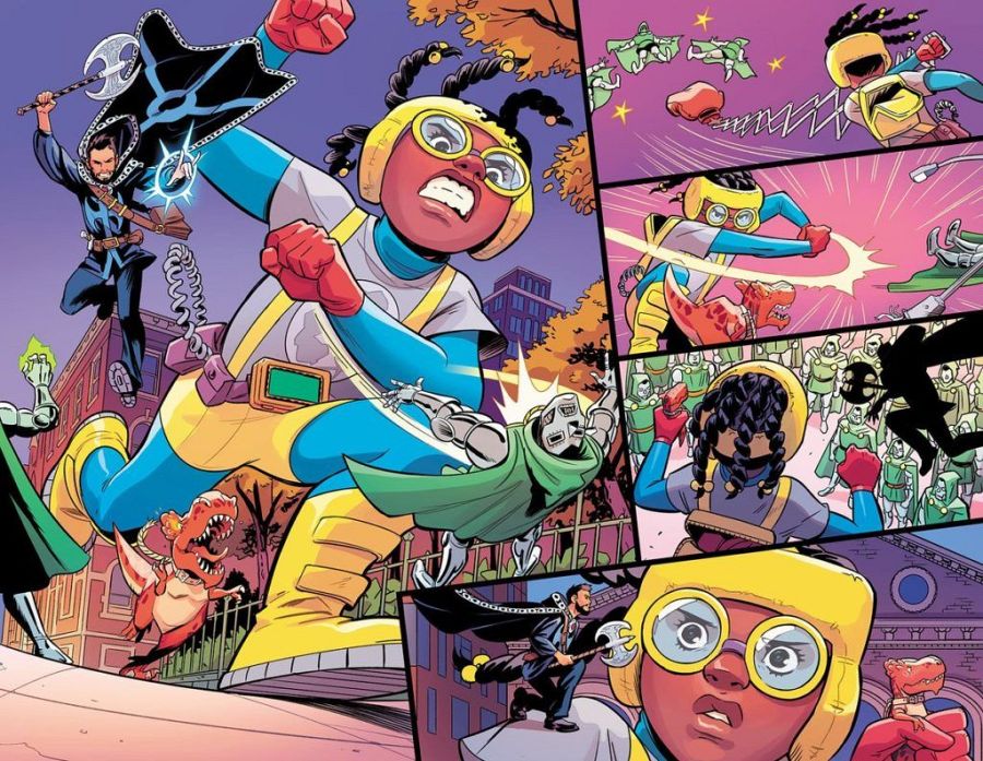 Viñetas de un cómic muestran a una niña con traje amarillo y azul y gafas grandes, junto a un dinosaurio rojo, luchando contra villanos con capa negra y hacha, y armadura verde.  Expresiones de determinación y sorpresa.