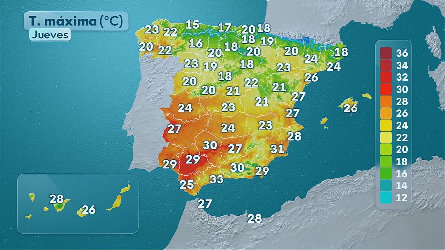 Mapa de las temperaturas máximas en España este jueves 25