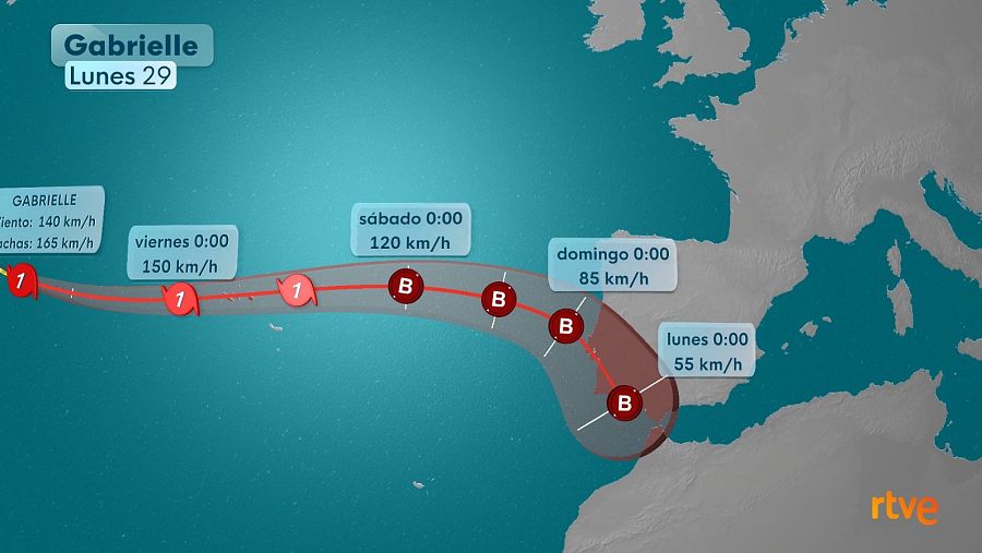 La trayectoria más probable de Gabrielle le situaría el lunes en el suroeste peninsular.