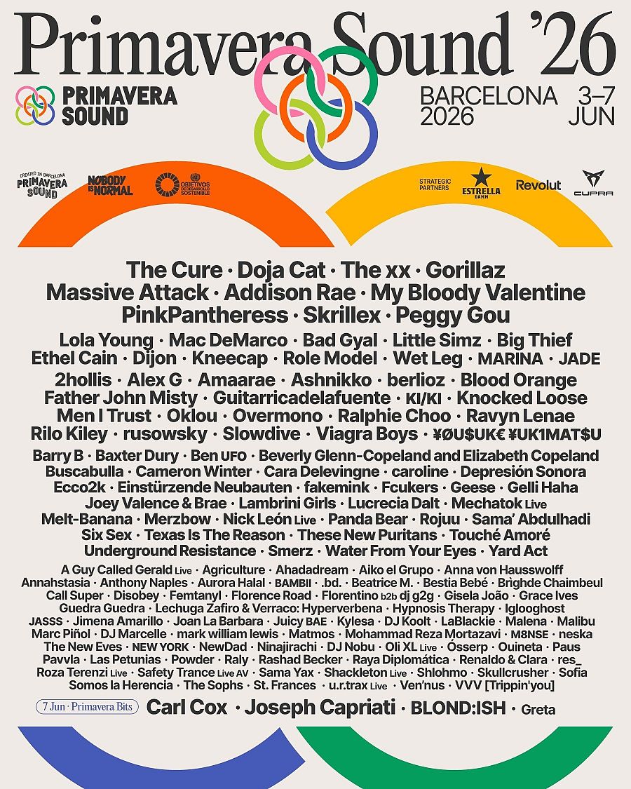 Cartel Primavera Sound 2026: Barcelona (3-7 junio).  Artistas como The Cure, Doja Cat y Gorillaz. Evento especial 'Primavera Bits' el día 7.
