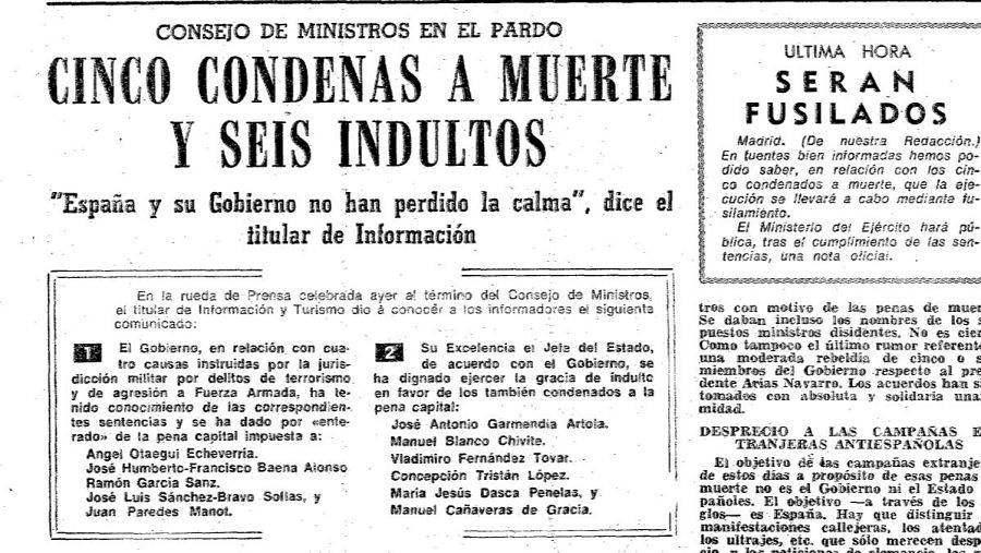 Portada del diario ABC del 27 de septiembre de 1975 que informa sobre las ejecuciones