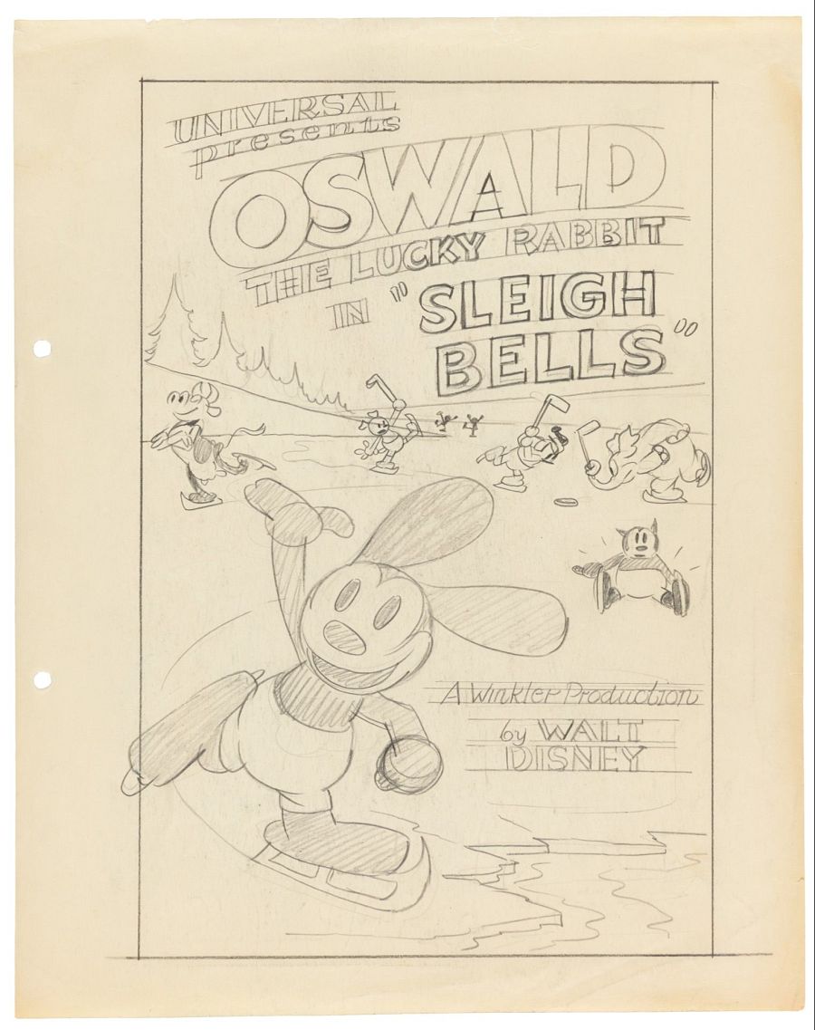 Un póster conceptual en blanco y negro anuncia una producción de animación. En el centro, un personaje sonriente patina sobre hielo, con otros personajes en el fondo. El póster incluye texto en la parte superior e inferior.