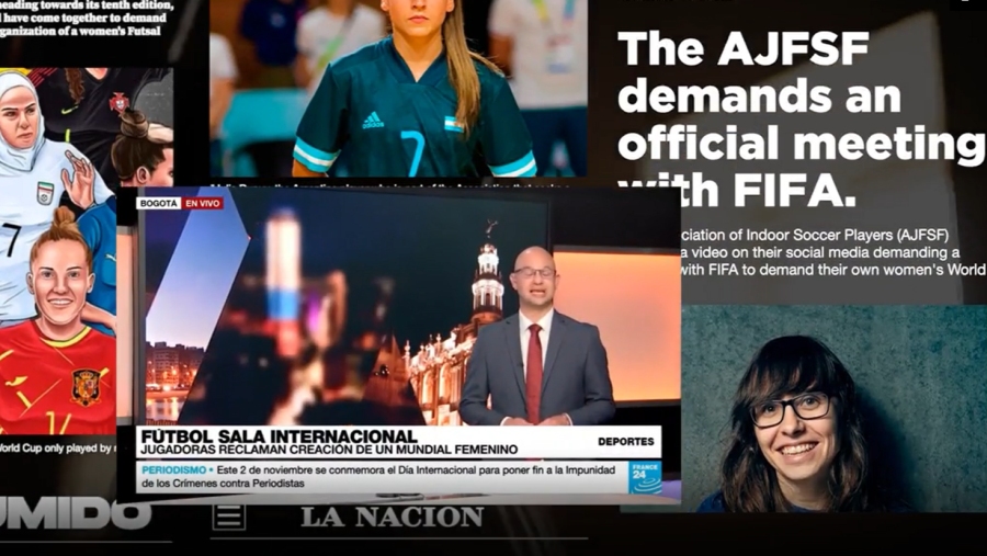 Un collage muestra ilustraciones de jugadoras de fútbol sala, un texto en inglés que exige una reunión con la FIFA, y una captura de pantalla de un programa de noticias con un presentador. Se observa también una fotografía de una mujer sonriendo.