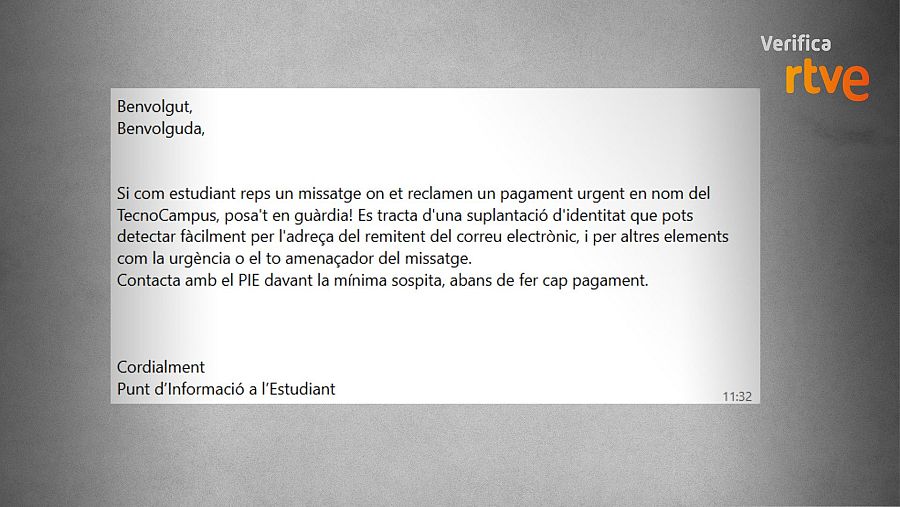 Mensaje enviado por TecnoCampus a sus estudiantes alertándoles del correo fraudulento