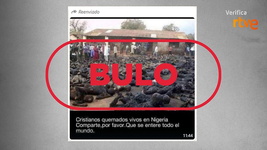 Mensaje que difunde el bulo de que la foto muestra “cristianos quemados vivos en Nigeria”