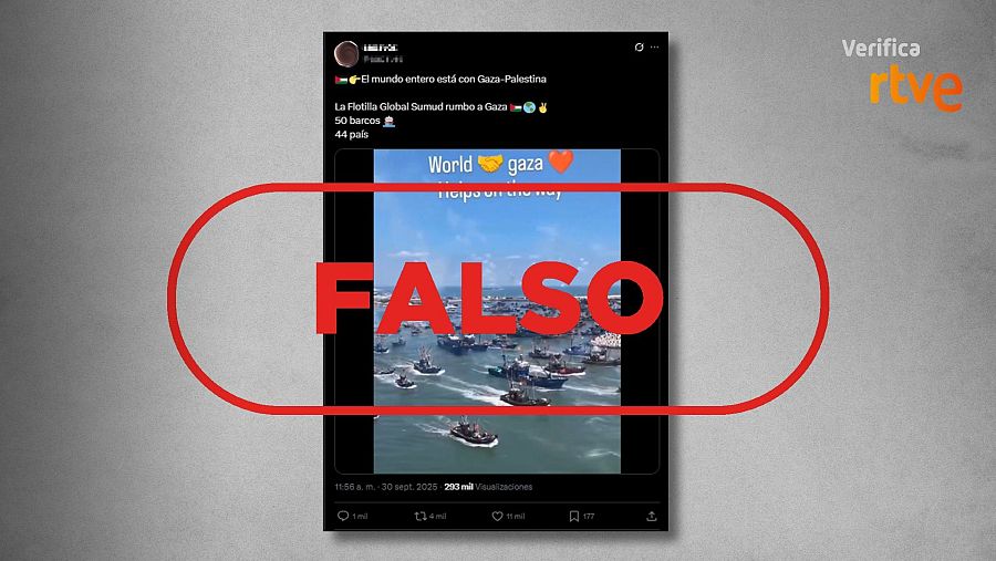 Mensaje que difunde la falsa idea de que el vídeo muestra a la Flotilla Global Sumud