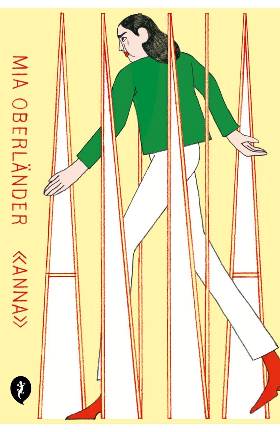 En la portada de un cómic, una mujer de pelo oscuro y largo, con vestimenta verde y blanca, y zapatos rojos, camina entre formas geométricas rojas y blancas sobre un fondo amarillo pálido. En la parte superior izquierda se lee un nombre.