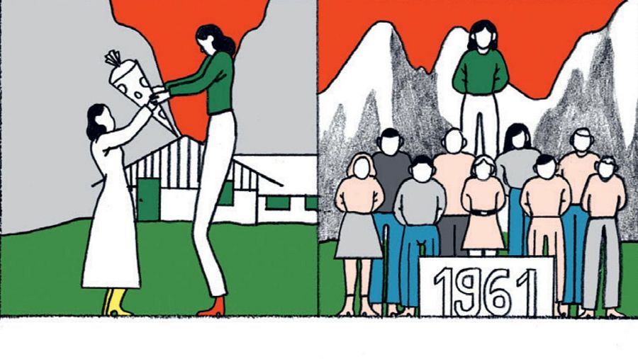 Una viñeta dividida en dos partes: en la izquierda, una mujer entrega un cono a otra; en la derecha, un grupo de personas frente a un podio con el número 