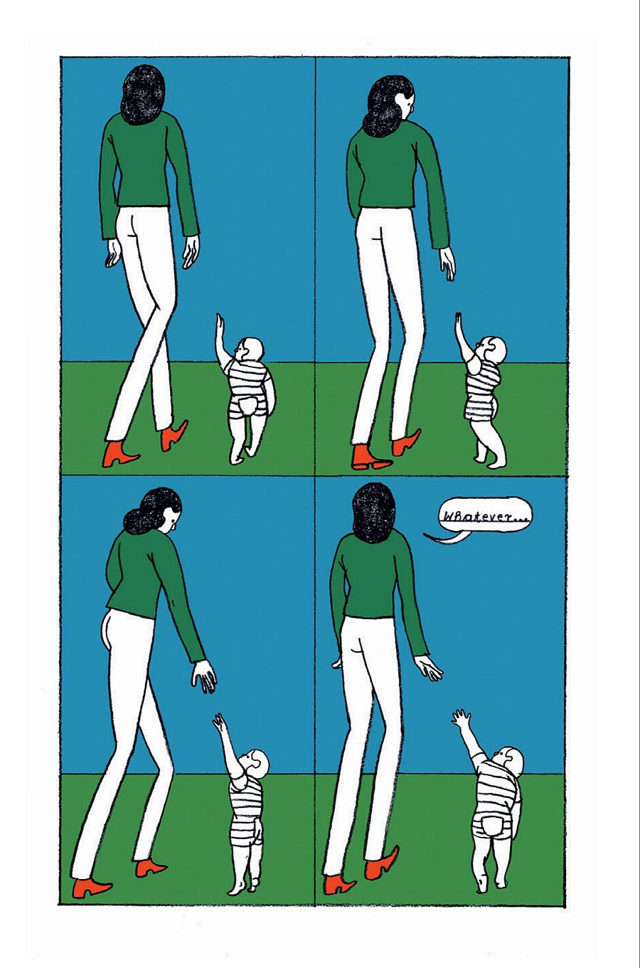 En una viñeta de cómic, una mujer con camisa verde y pantalones blancos se aleja de un niño pequeño con un traje de rayas. El niño intenta alcanzarla, con un bocadillo de diálogo que dice 