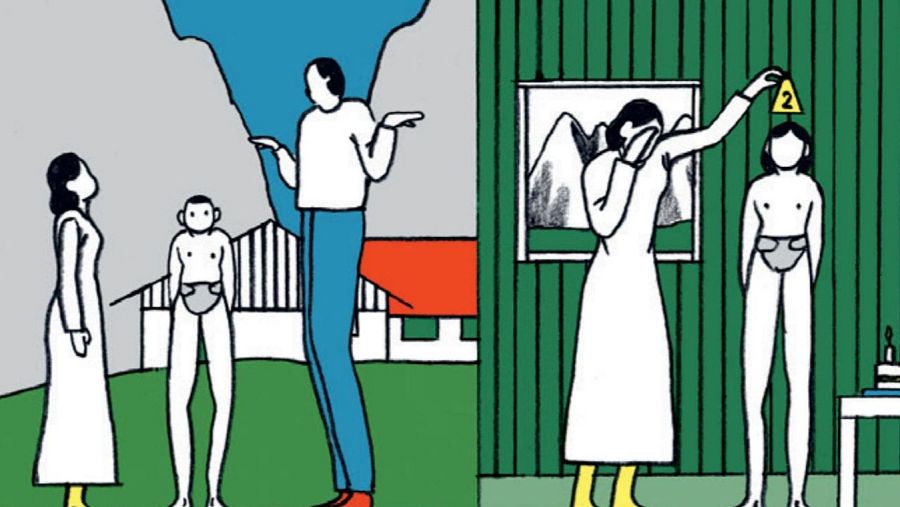 En una viñeta de cómic, se observan dos escenas: en la primera, una mujer, un niño y un hombre interactúan al aire libre; en la segunda, la mujer consuela a un niño, preparándole para una celebración de cumpleaños.