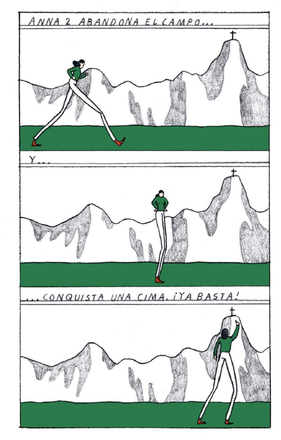 Una página de cómic muestra a una figura femenina, Anna 2, en tres viñetas. En la primera, se aleja; en la segunda, reflexiona; y en la tercera, celebra en la cima de una montaña.