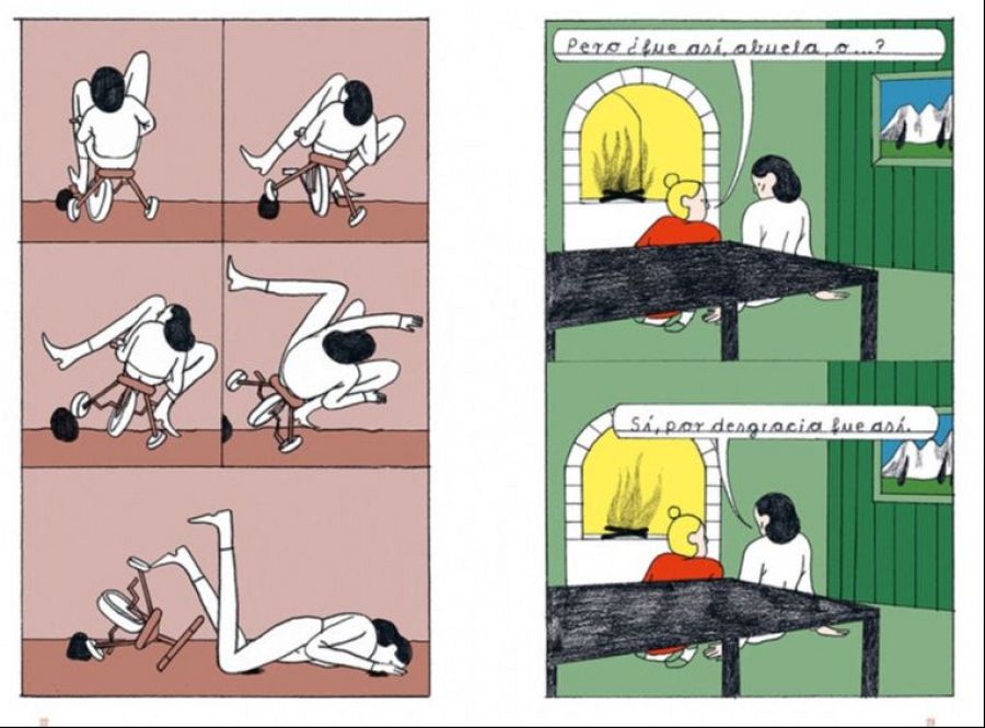 Una página de cómic con dos secciones: una muestra a una persona intentando montar un triciclo y otra, una conversación entre dos personas frente a una chimenea encendida.