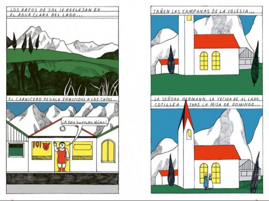 Dos viñetas de un cómic muestran escenas contrastantes: un paisaje con un lago y un carnicero, y una iglesia con una vecina observando. Los textos descriptivos acompañan las imágenes, indicando la acción y el contexto de cada escena.