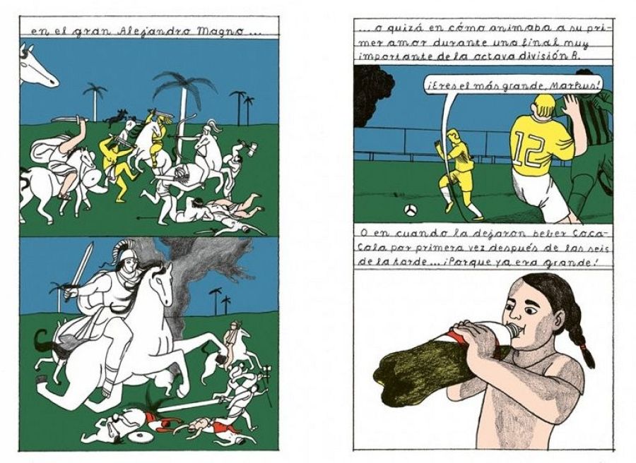 Una página de cómic con cuatro viñetas que yuxtaponen escenas de batalla, un partido de fútbol y un niño bebiendo una bebida. Los textos en las viñetas incluyen frases como 