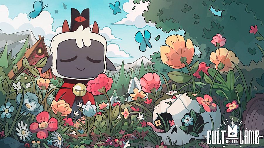 Un cordero antropomórfico con corona y capa rojas se alza en un campo florido, con montañas y una cabaña al fondo. Mariposas azules revolotean alrededor del personaje, mientras una calavera decorada añade un contraste visual.