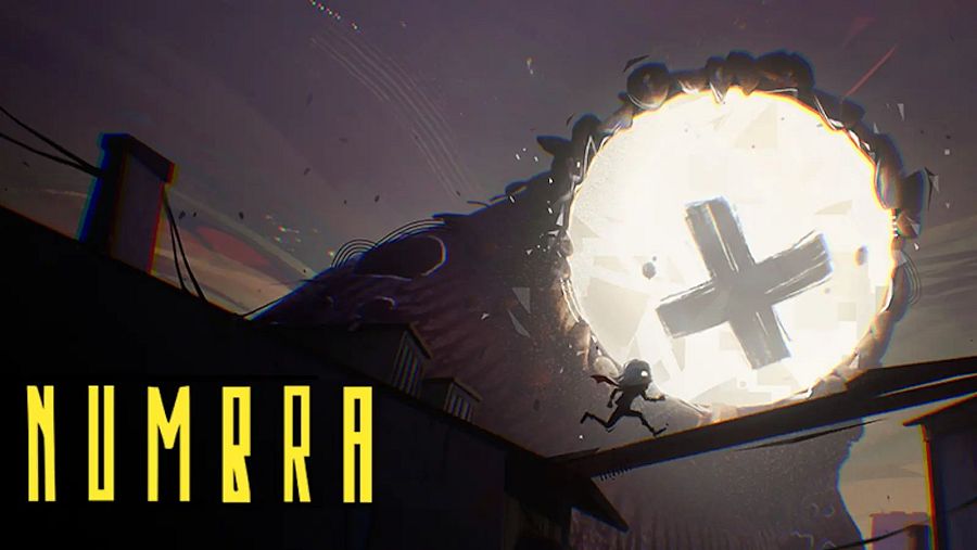 Un cartel publicitario presenta el videojuego con el título en letras amarillas. Un personaje oscuro corre sobre una estructura en un entorno urbano con edificios irregulares y una esfera luminosa en el cielo.