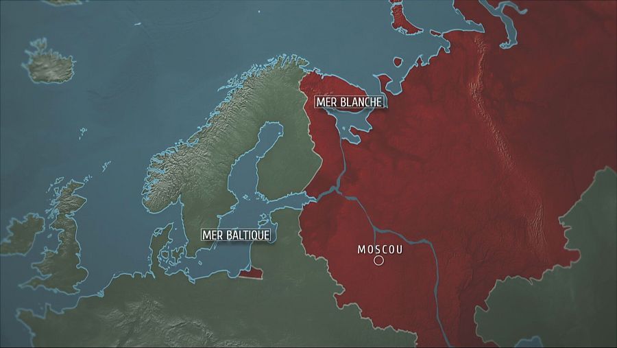Un mapa geográfico ilustra las regiones del Mar Báltico y el Mar Blanco, con referencias a países y ciudades clave. Se destacan las denominaciones 