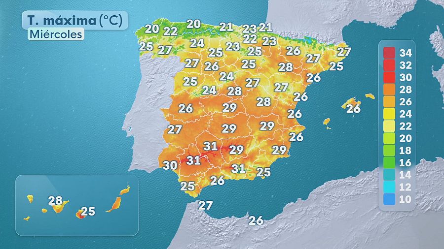 Temperaturas máximas del miércoles 8 de octubre en España