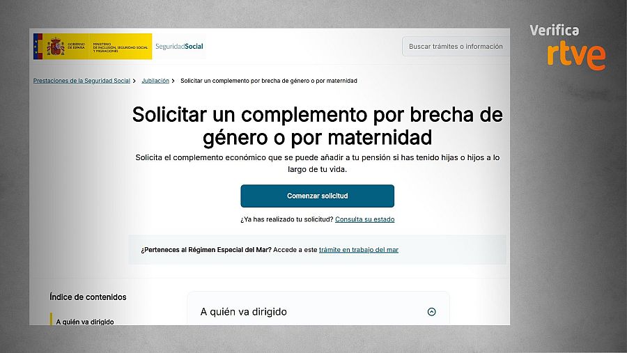 Acceso al trámite para solicitar el complemento por brecha de género en la web de la Seguridad Social