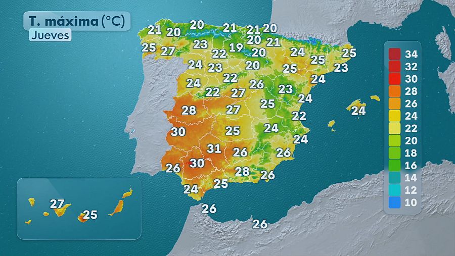 Mapa de España que muestra las temperaturas máximas el 9 de octubre de 2025.