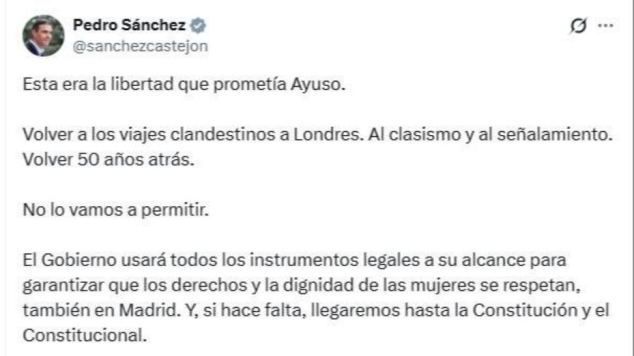 Mensaje de Pedro Sánchez en la red social X en respuesta a la presidenta de la CAM, Isabel Díaz Ayuso