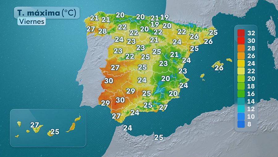 Mapa de España que muestra las temperaturas máximas el 10 de octubre de 2025.