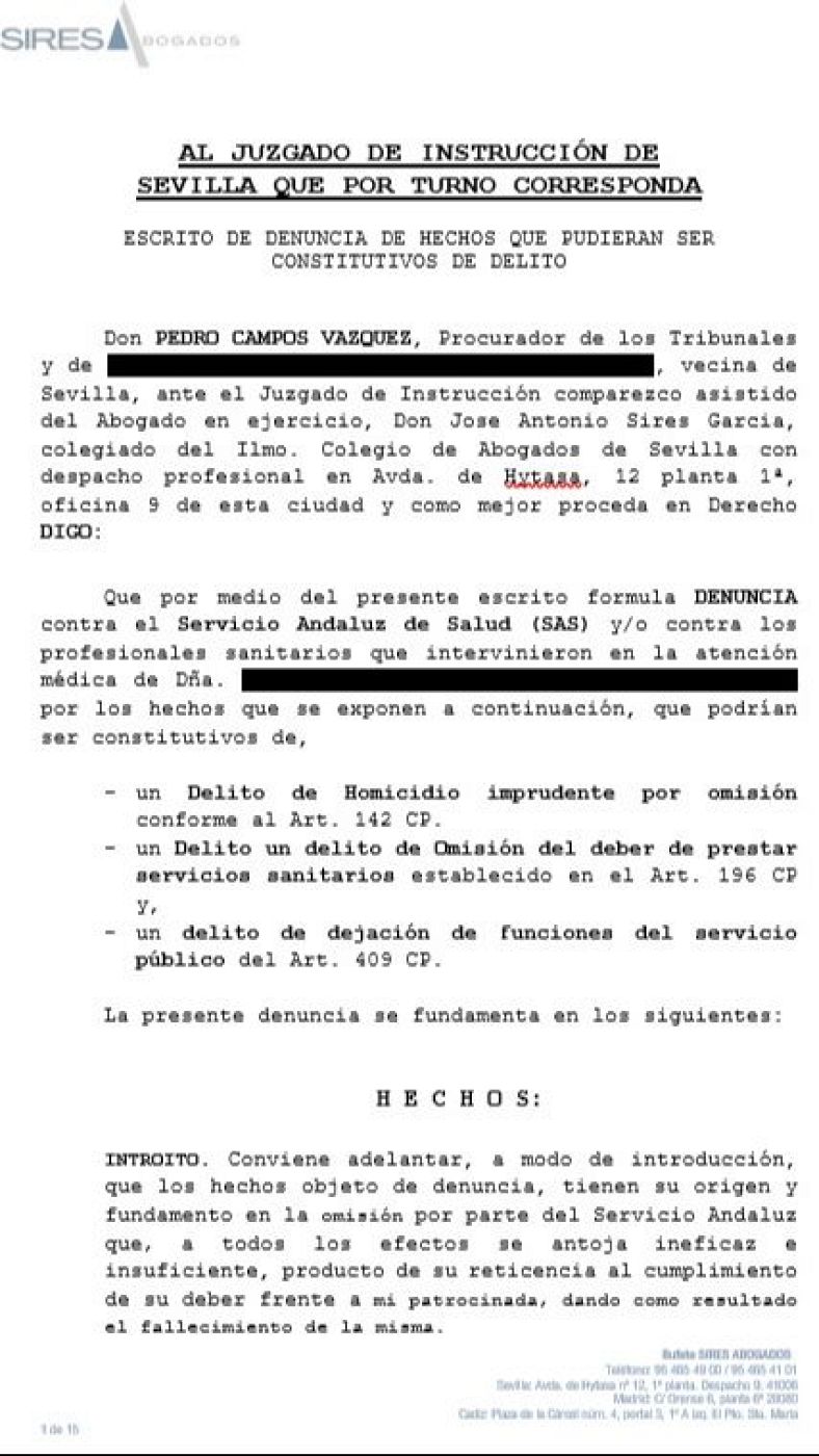 Vista de primera hoja de la denuncia que interpondrán el martes