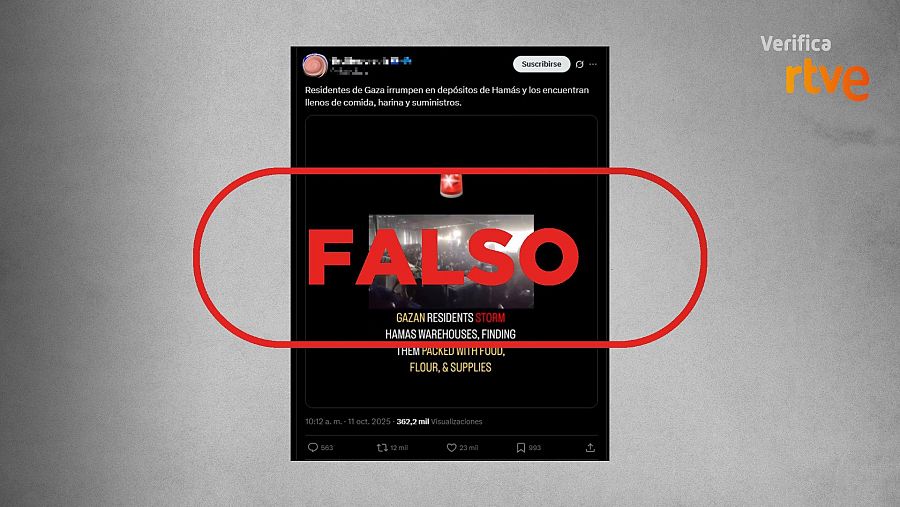 Mensaje de X que difunde la falsa idea de que este vídeo muestra un almacén de Hamás reteniendo alimentos