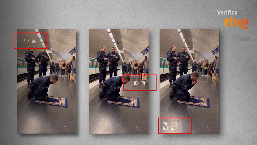 Tres fragmentos del vídeo con la marca de agua de Sora pixelada