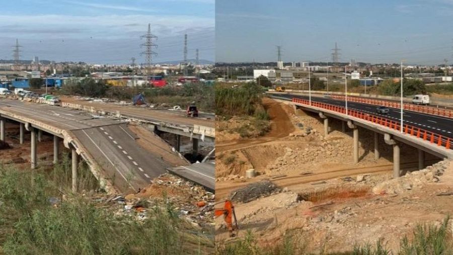 Imagen del antes y el después de las obras de reconstrucción del puente de la CV-33 sobre el barranco del Poyo en Valencia, dañado en la dana de 2024.