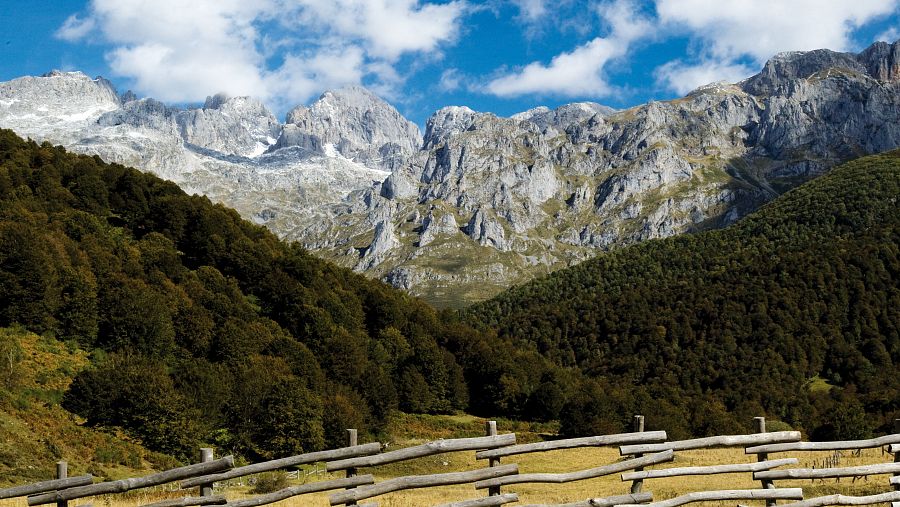 Montañas de los Picos de Europa vistas desde un valle en Asturias.