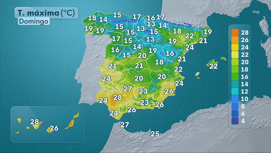 Previsión de las temperaturas máximas en la Península e islas para el domingo 26 de octubre