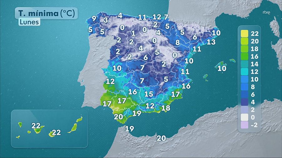 Mapa con la previsión de las temperaturas mínimas para el lunes 27 de octubre en la Península e islas