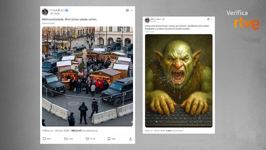 Publicación original y mensaje posterior, ambos en alemán, aclarando que la imagen fue creada con IA