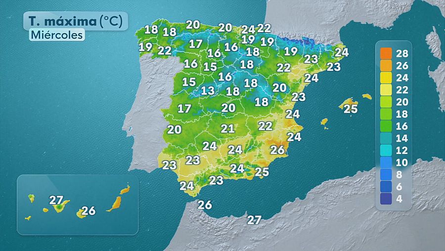 Mapa de las temperaturas máximas este miércoles en España